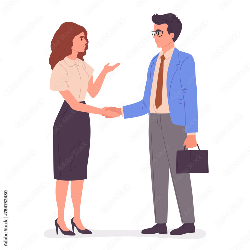 Fototapeta premium Office characters shaking hands. Business people handshake, man and woman agreement or greeting gesture, colleagues shaking hands flat vector illustration. Business handshake scene