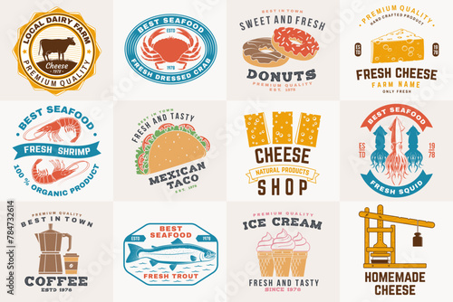 Set of cheese family farm, seafood and fast food retro badge. Vector. For seafood emblem, sign, patch, shirt, menu restaurants with cheese, tuna, trout, shrimp, octopus crab mussels and clams, hotdog photo