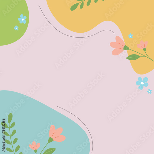 Cute floristic background with spring flowers, leaves and space  for text.