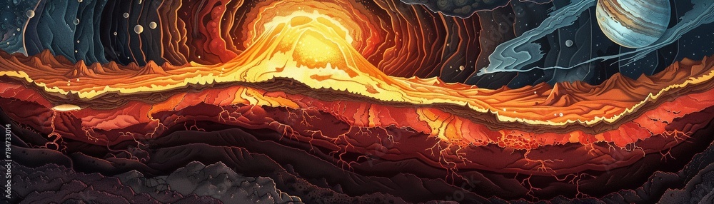 Earths crosssection showing molten core and fiery mantle meeting the crust, educational yet artistic, detailed geological layers - obrazy, fototapety, plakaty 