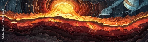 Earths crosssection showing molten core and fiery mantle meeting the crust, educational yet artistic, detailed geological layers photo