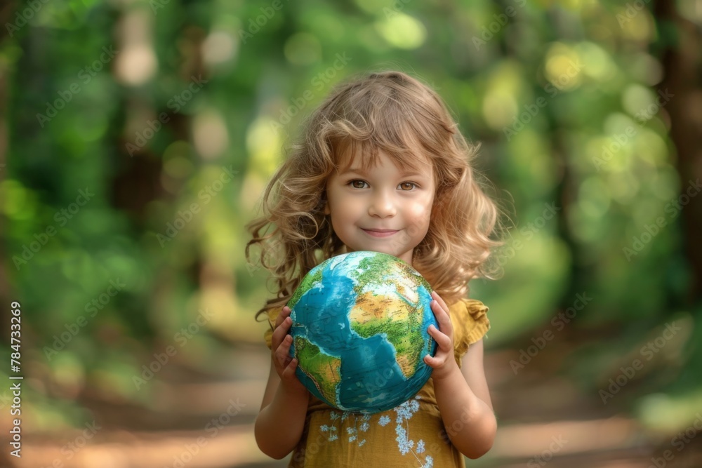 Little girl holding a globe in her hands on a background of trees Little girl holding a globe in her hands on a background of trees