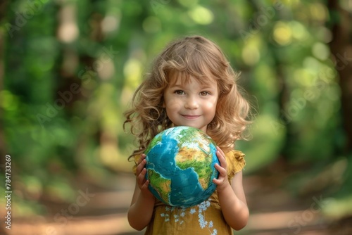 Little girl holding a globe in her hands on a background of trees