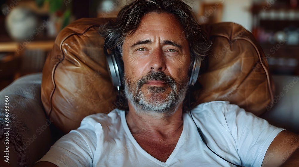 Man Wearing Headphones Sitting in Chair. Generative AI Man Wearing Headphones Sitting in Chair. Generative AI