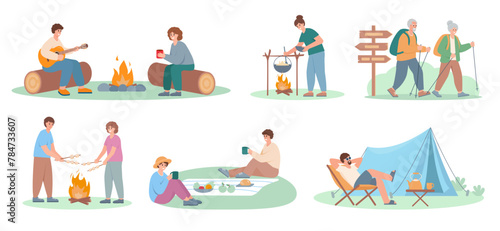 Tourists camping set. Campers people characters with tent, bonfire, cooking, hiking, relaxing, playing guitar. Summer vocation vector illustrations isolated on white background. © Елена Истомина