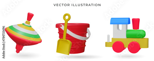 A red plastic bucket and a yellow shovel, train, spinning top 3d kids toys. Vector illustration. Toy bucket, shovel, train, spinning top gift for kids. Most classic toys in the past