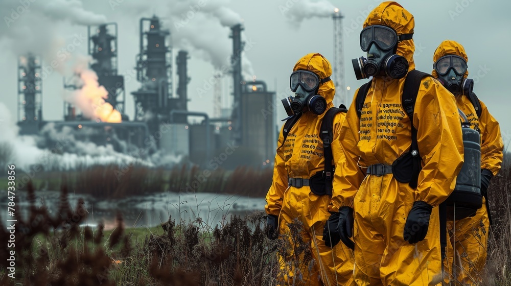 Three workers in yellow hazmat suits stand in a field with industrial towers and flames in the background Three workers in yellow hazmat suits stand in a field with industrial towers and flames in the background