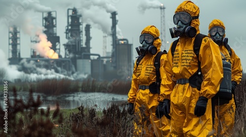 Three workers in yellow hazmat suits stand in a field with industrial towers and flames in the background