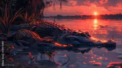  A saltwater crocodiles colony rests peacefully on a riverbank as the sun sets in a blaze of colors behind it, creating a serene and majestic scene-13 photo