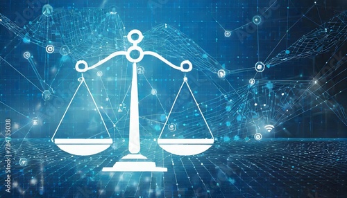 Unbiased artificial intelligence, Scales of Justice in Digital World Concept. Digital illustration Scales on futuristic blue data network background. Fairness and equality