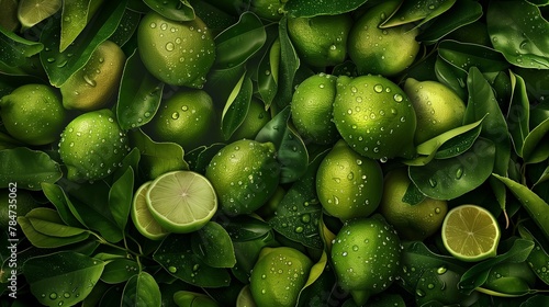 Vibrant Green Limes Close-Up, Water Droplets Enhancing Freshness photo