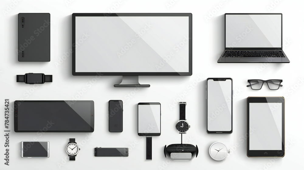 High-tech Device Mockups: Realistic Set Mockups Showcasing Empty Displays of TV, Computer, Laptop, Tablet, Smartphone, and Watch - Vector Graphic Resource High-tech Device Mockups: Realistic Set Mockups Showcasing Empty Displays of TV, Computer, Laptop, Tablet, Smartphone, and Watch - Vector Graphic Resource