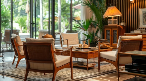 Interior of stylish living room with wooden armchairs and coffee table