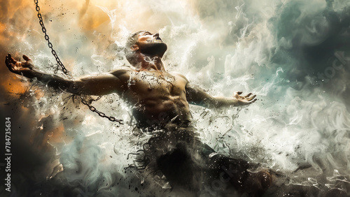 An expressive image of a man breaking free from chains with dynamic water splashes and light rays. photo