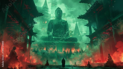 A fantastical illustration of a cityscape featuring a giant Buddha statue, traditional pagodas, and a glowing moon enveloped in dramatic clouds. 