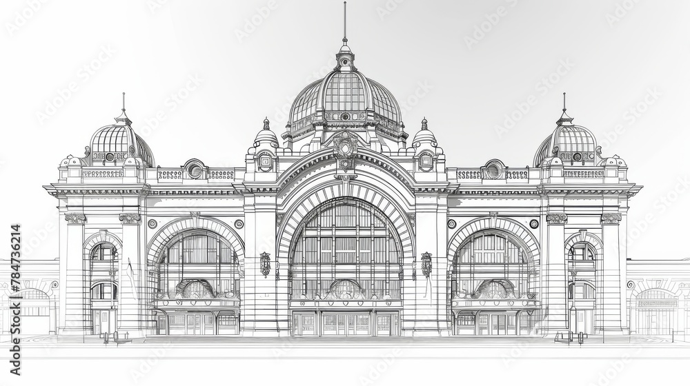 A detailed, minimalist line drawing showcasing the impressive facade of a large, historical building with ornate architectural features, domes, and large windows.