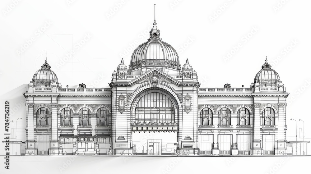A detailed minimalist line drawing showcasing the ornate facade of a majestic historic building, capturing architectural beauty and intricate design.