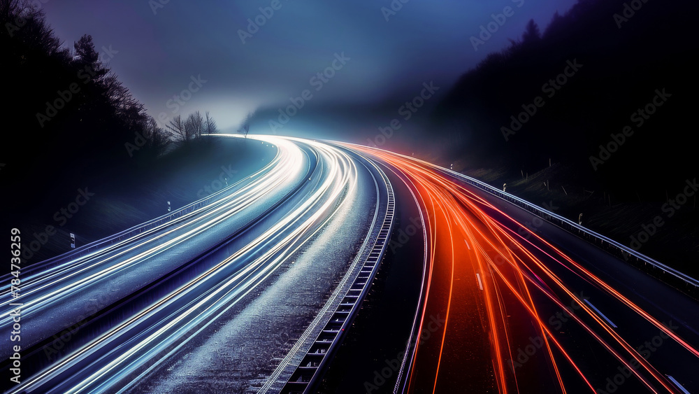 A long exposure shot of a highway at night with light trails from the traffic creating a vibrant display of movement and speed. A long exposure shot of a highway at night with light trails from the traffic creating a vibrant display of movement and speed.