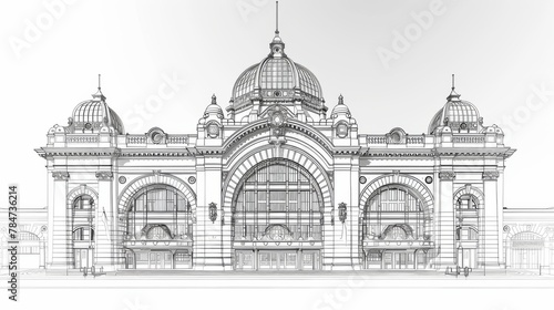 A detailed, minimalist line drawing showcasing the impressive facade of a large, historical building with ornate architectural features, domes, and large windows.