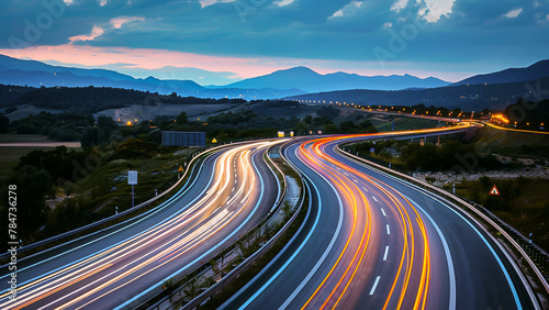 A stunning long exposure shot of traffic on a highway at twilight, showcasing vibrant light trails and scenic landscape.