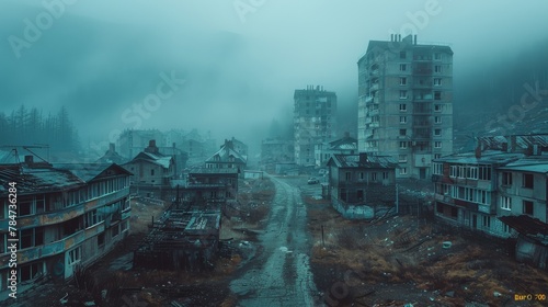 A hauntingly beautiful autumn scene in a neglected Romanian mining town, with decaying structures and a foggy mountain backdrop. The image captures the essence of isolation and decline.