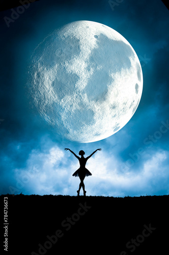 ballerina dancing under a full moon at night
