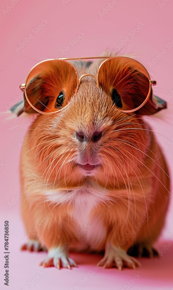 A guinea pig wearing round glasses on a pink background