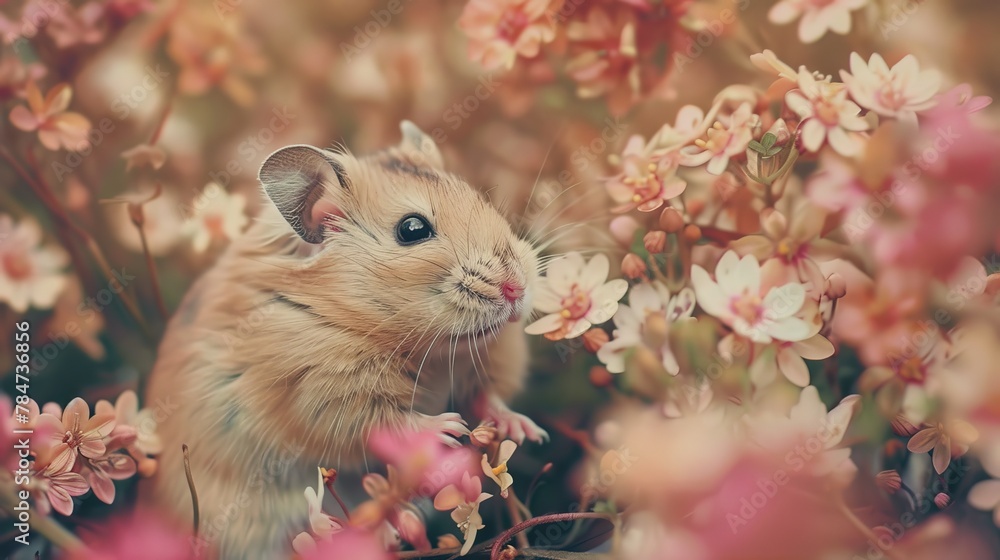 A small rodent peeks out from a blossoming bush with delicate flowers A small rodent peeks out from a blossoming bush with delicate flowers