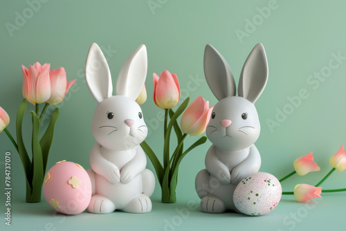 A cute, funny white rabbit and a cute gray bunny are sitting next to Easter eggs and pastel-colored tulips.