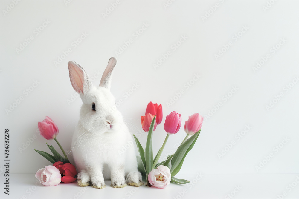 Obraz premium A white little rabbit on a background of tulip flowers sits on a white background.