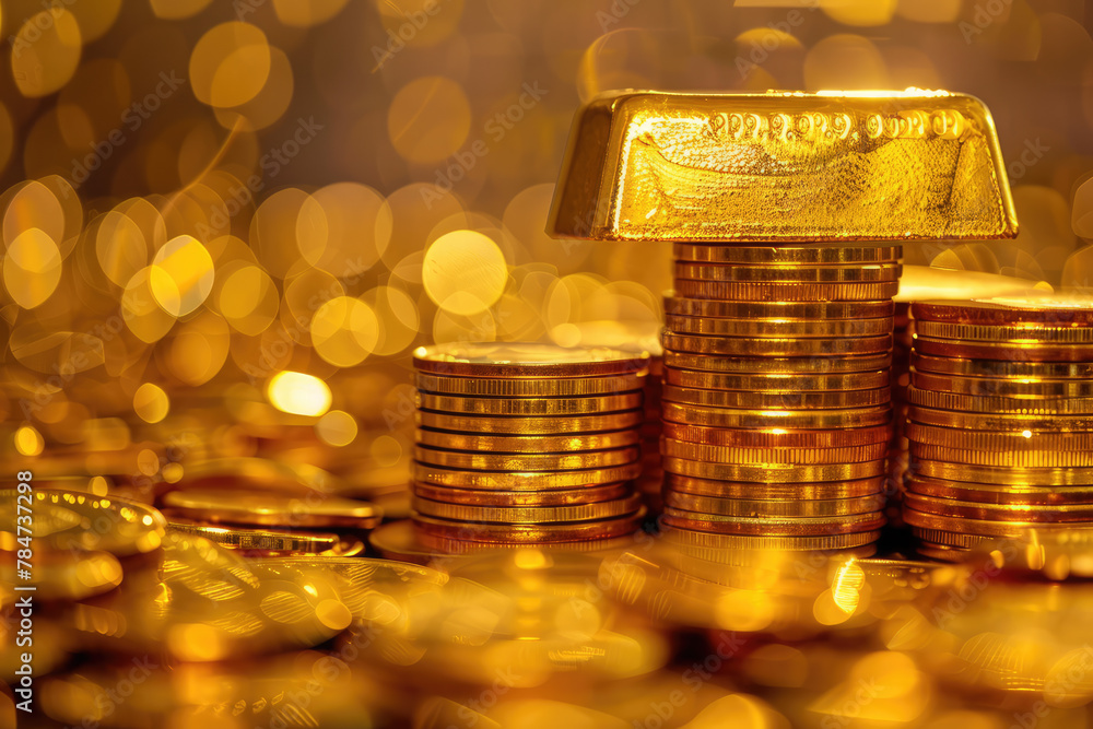 stock photo of gold bar put on top of stacks of gold coin stock photo of gold bar put on top of stacks of gold coin