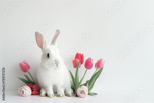 A white little rabbit on a background of tulip flowers sits on a white background. © Irina Lesovaia