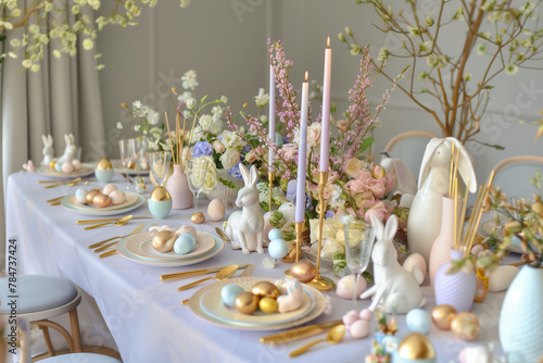 Aesthetically decorated table with Easter bunnies.