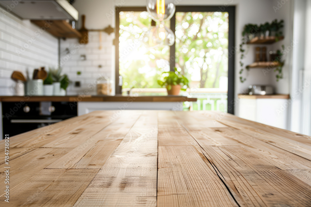 Empty Beautiful wood table top and blur bokeh modern kitchen interior background in clean and bright Empty Beautiful wood table top and blur bokeh modern kitchen interior background in clean and bright