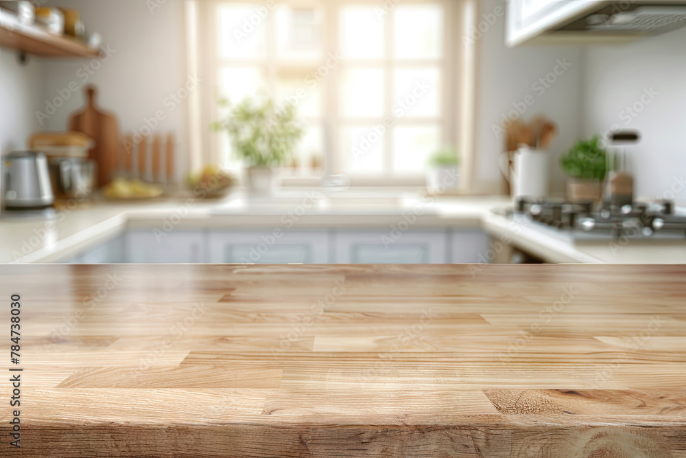 Empty Beautiful wood table top and blur bokeh modern kitchen interior background in clean and bright Empty Beautiful wood table top and blur bokeh modern kitchen interior background in clean and bright