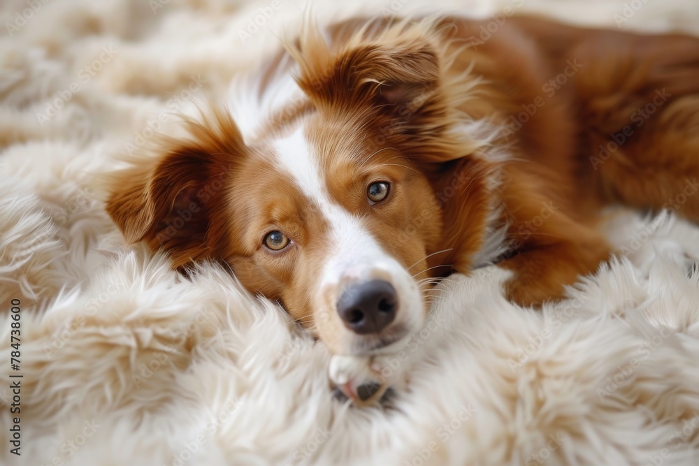 The border collie breed lies on a fluffy carpet, bedspread. The dog is resting