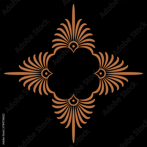 Geometrical ethnic frame with floral ancient Greek palmette motifs. Orange brown silhouette on black background.