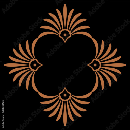 Geometrical ethnic frame with floral Ancient Greek palmette motifs. Orange brown silhouette on black background.
