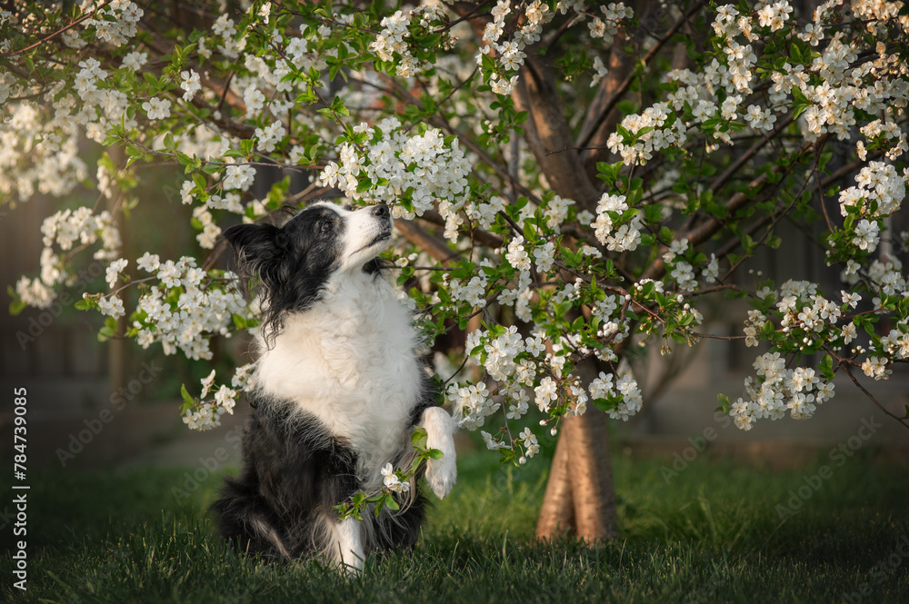 Obraz premium spring photos of a border collie in a flowering tree beautiful portraits of a smart dog