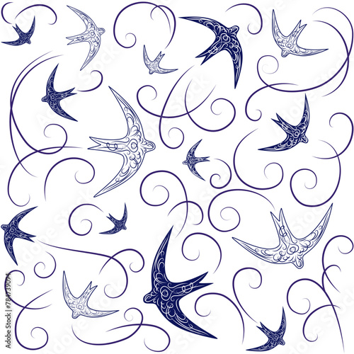 Vector beautiful seamless pattern - stylized patterned swallows of very dark blue color on a white background, lines, and curls imitating the pattern of birds flying.