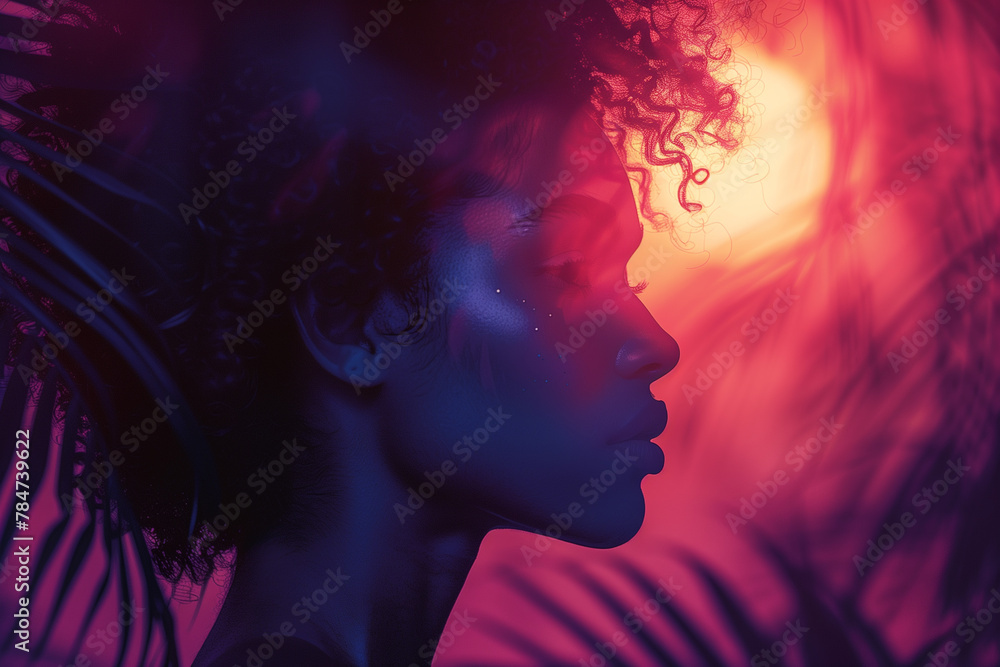 An evocative composition featuring a Beautiful African American woman with curly brown