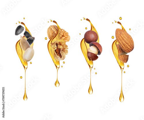 Set of various nuts in oil splash. Group of nuts poured with honey on a white background © Krafla