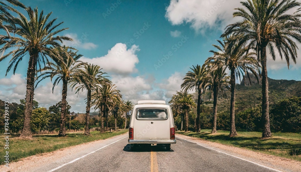 vintage van parked on a scenic road lined with palm trees