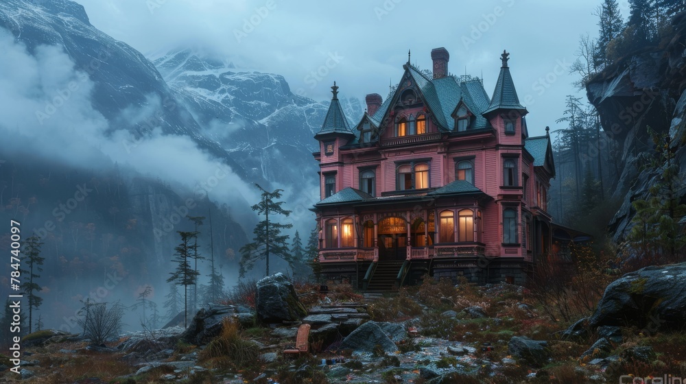 Mysterious pink Victorian house in foggy mountainous landscape, evokes a dramatic eerie atmosphere