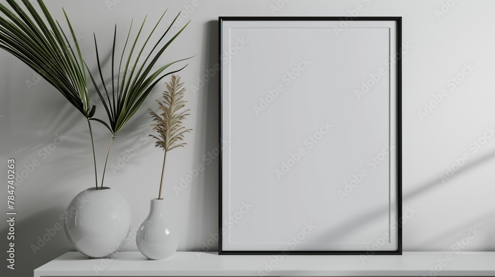 Empty frame with vase on white wall background. Living room poster mockup on the table. - obrazy, fototapety, plakaty 