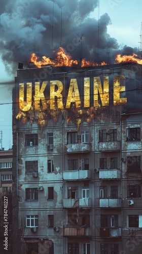 Dramatic depiction of the word "UKRAINE" engulfed in flames on a side of a building © Jouni