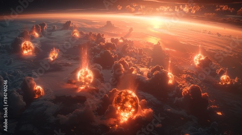 Dramatic aerial view of multiple nuclear explosions from low-orbit space, capturing orange fiery blasts amid clouds