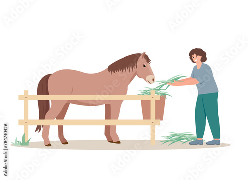 Farmer woman with horse. Female character feeding horse isolated on white background. Farming concept Vector illustration. © Елена Истомина