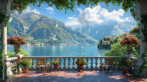 Serene Lake Como view from a floral adorned terrace with mountains in the background