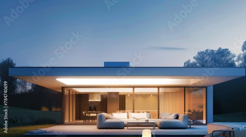 Modern Tranquility: Sleek Home Design at Dusk - A modern minimalist house with a warm interior glow against the dusk sky, blending indoor comfort with the tranquility of nature. © jodoto